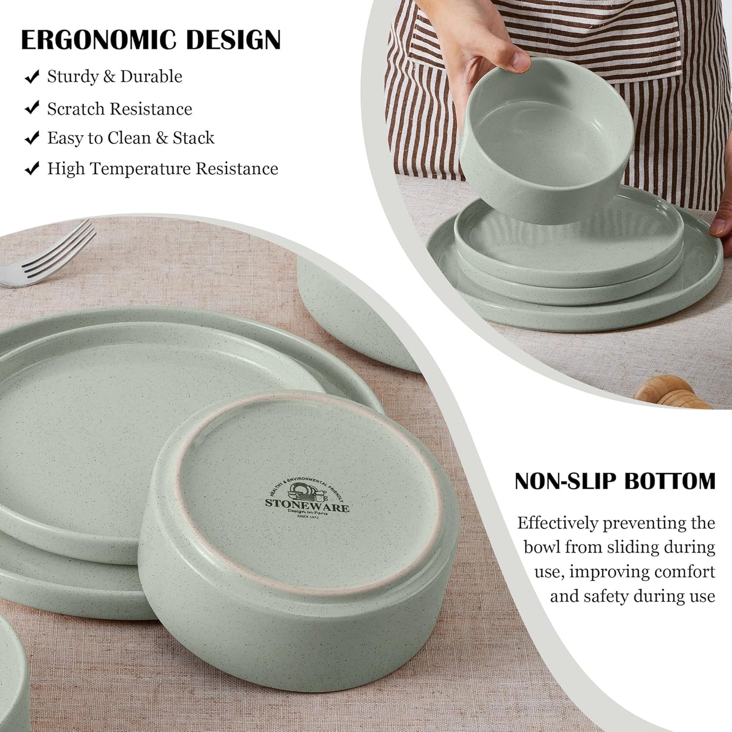 E-far Dinnerware Sets for 8, 24-Piece Stoneware Plates and Bowls Dish Set, Modern Kitchen Dinning Dishware, Chip and Scratch Resistant, Microwave & Dishwasher Safe, Speckled Green