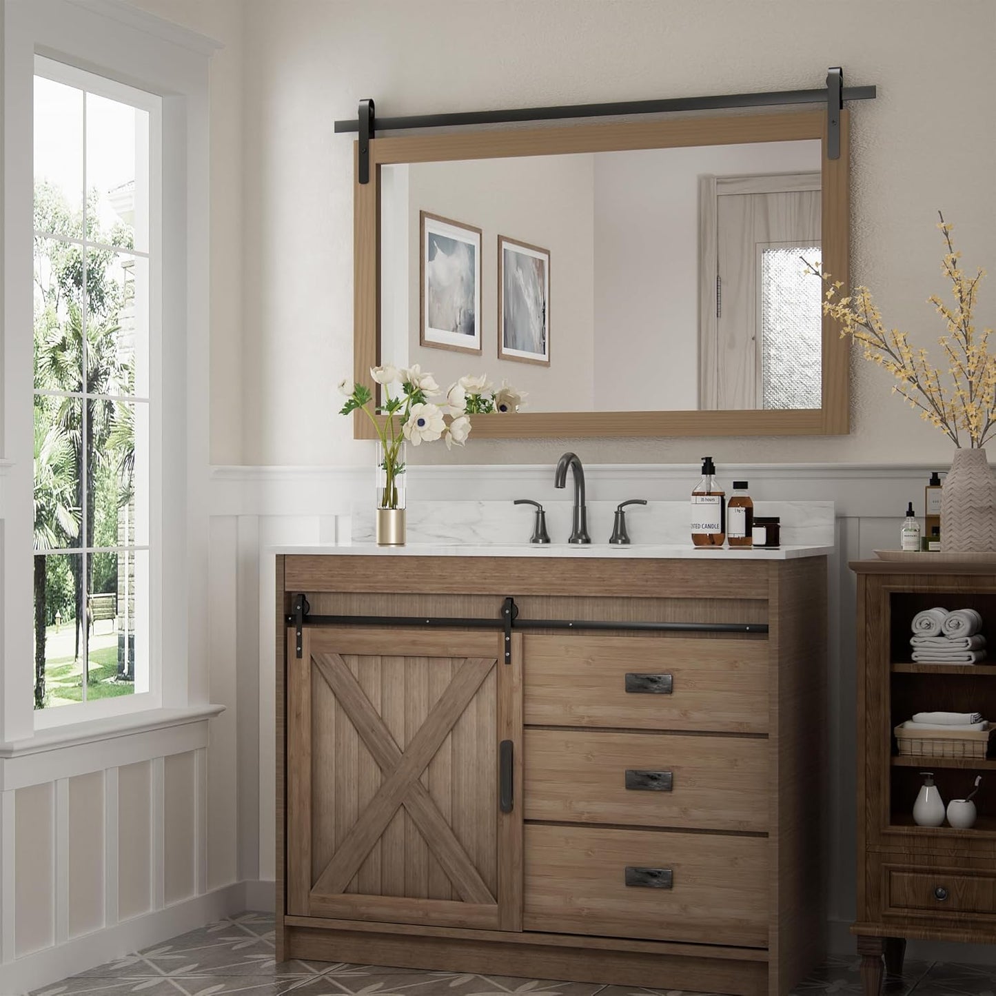 Large Brown Bathroom Mirror, Farmhouse Horizontal Rustic Square Mirror for Wall Wood Framed Vanity Mirrors, Barn Door Style Decor Living Room Entryway Bedroom Mirrors, 40x26INCH