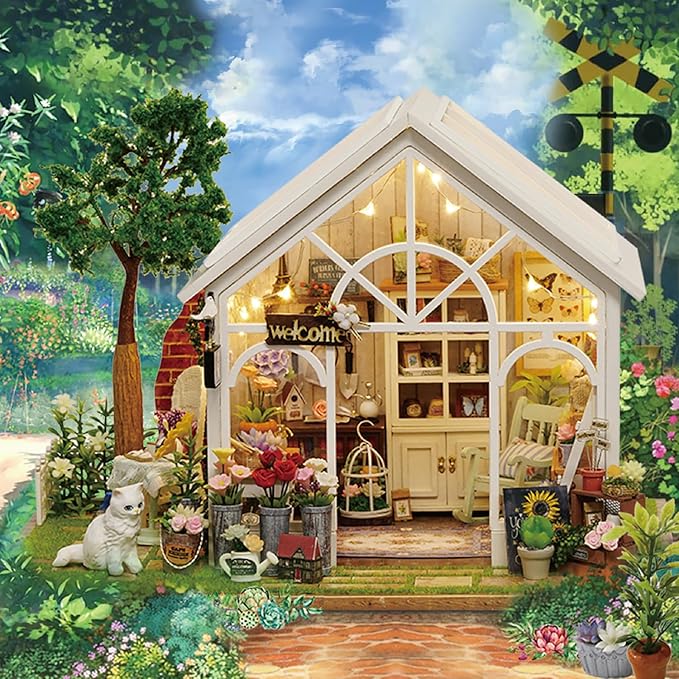 TuKIIE DIY Miniature Dollhouse Kit with Furniture, 1:24 Scale Creative Room Wooden Doll House Plus Dust Proof & Music Movement for Kids Teens Adults(Sunshine Greenhouse)
