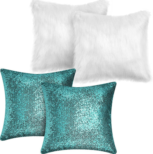 Irenare 4 Pcs Sequin and Fluffy Pillow Covers Winter Throw Pillow Cases Soft Cushion Cover for Couch Bed Sofa Xmas Day(18 x 18 Inch,Lake Blue, White)