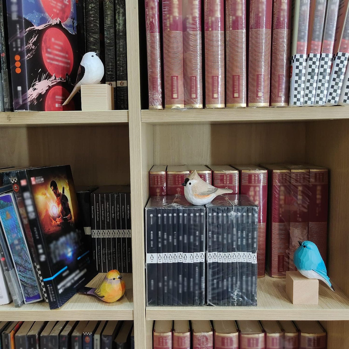 Handmade Wooden Carved Bird Decor Sculpted Hand-Painted Bird Figurines Small Home Decor Bird Statue Shelf Decor BFF Gifts for Bird Lovers (Suit 2)