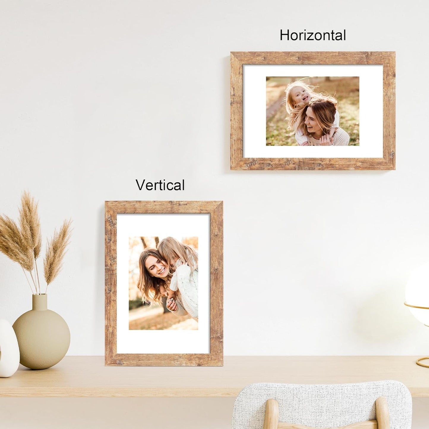 iRahmen 8x12 Picture Frame Set of 4 with High Definition Real Glass, Display 6x8 Pictures with Mat or 8 x 12 Without Mat, Rustic Brown Wood Photo Frames for Tabletop and Wall Mounting
