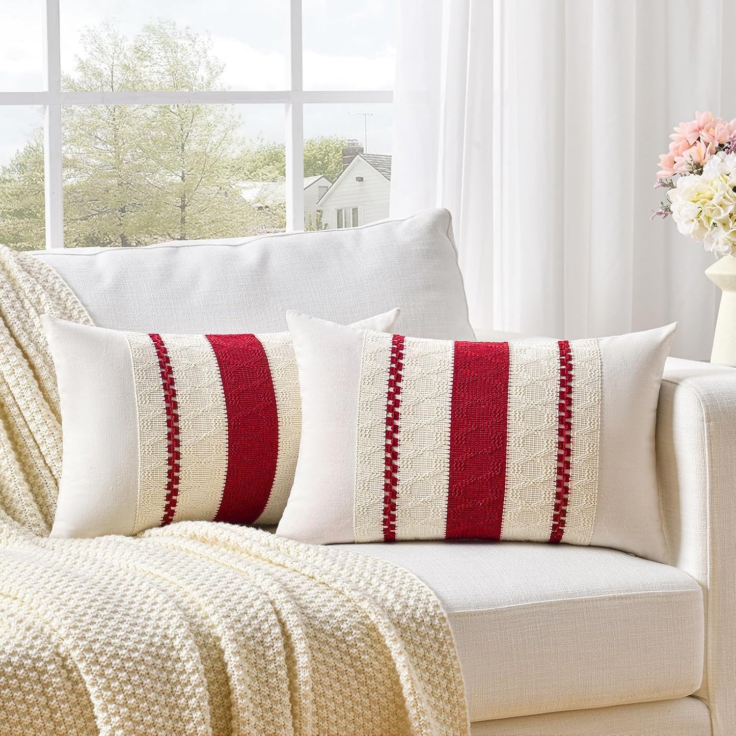 Fancy Homi Set of 1 Boho Red Lumbar Decorative Throw Pillow Cover 12x20 Inch for Couch Bed Sofa Chair, Modern Organic Farmhouse Home Decor, Soft Cotton Cute Accent Rectangle Cushion Case