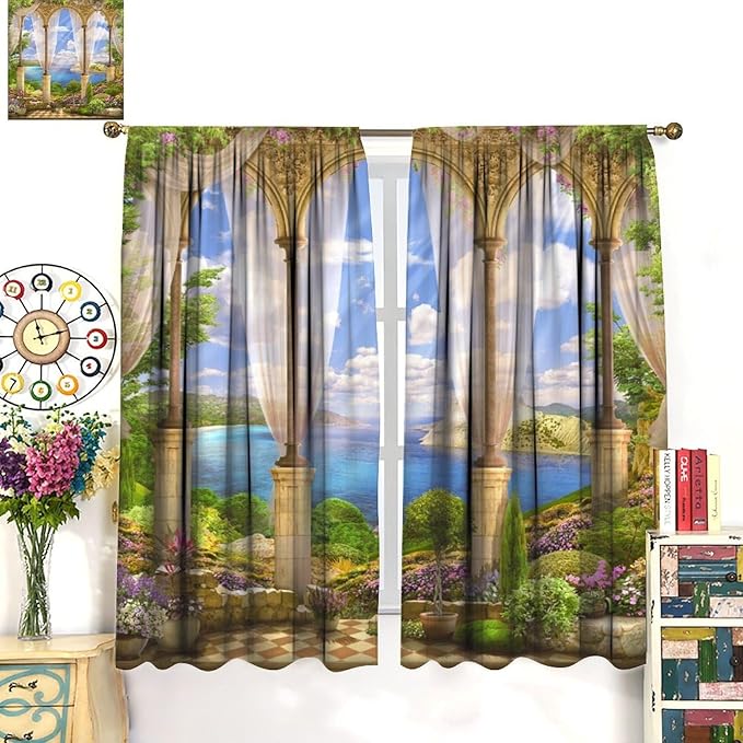 Gothic Blackout Curtains，Fantasy Spring Garden Arch Pattern Drapes Window 2 Panel Rod Pocket Curtain for Bedroom Living Room Decor 21" W X 63" L