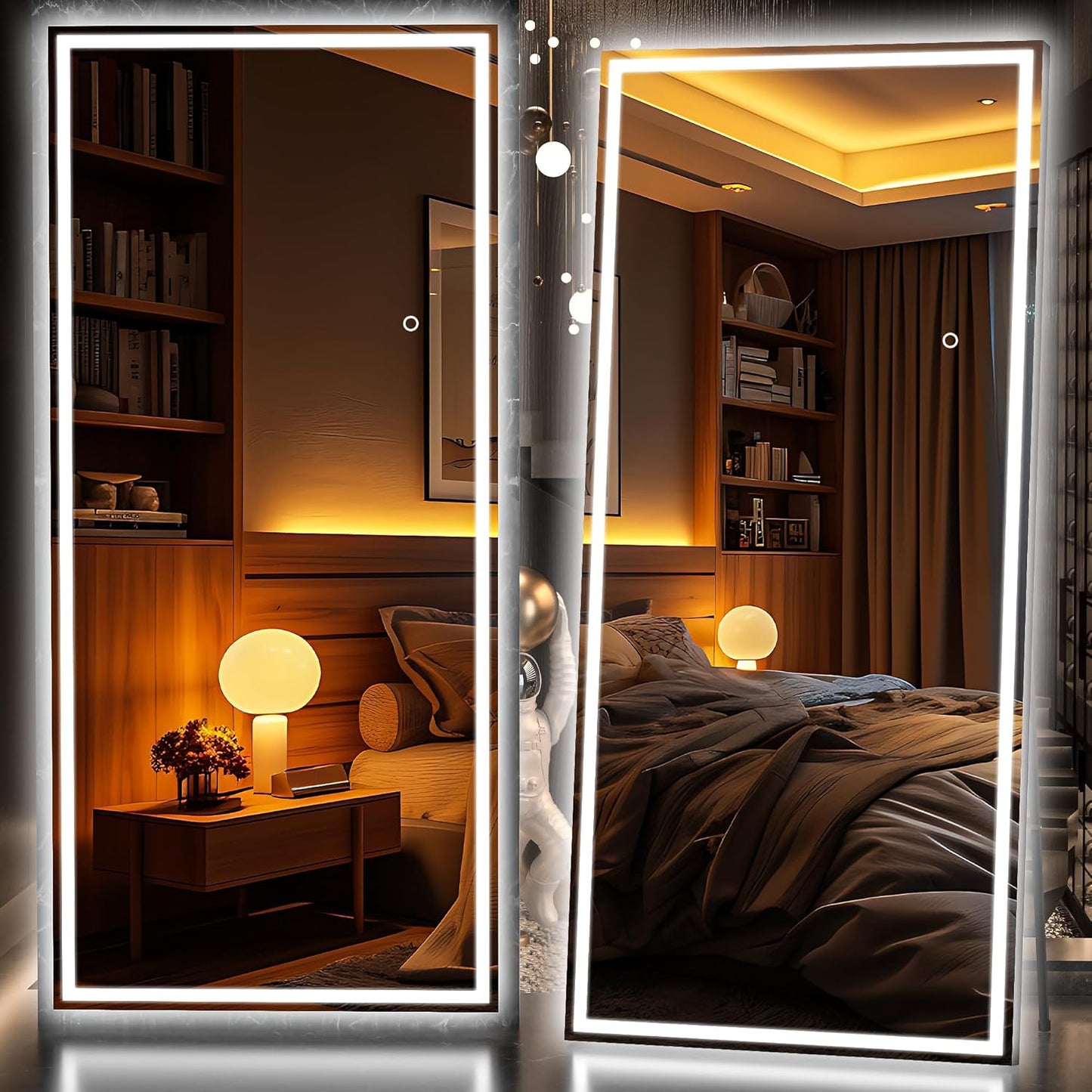 Hasipu Full Length Mirror with Lights, 81" x 34" LED Lighted Floor Standing Mirror, Full Body Dressing Hanging Mounted Mirrors, Dimmable, Tempered Glass, Safe to Use, Square Black