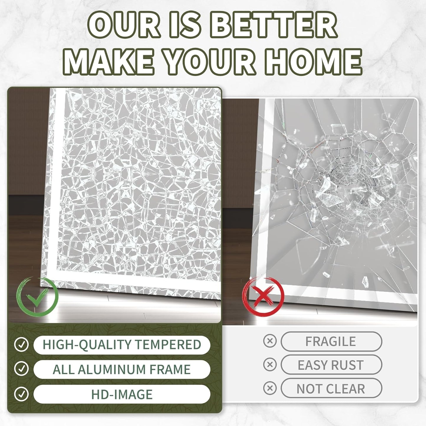 Hasipu Full Length Mirror with Lights, 71" x 32" LED Lighted Floor Standing, Full Body Dressing Hanging Mounted Mirror, Dimmable, Tempered Glass, Safe to Use, Square Black