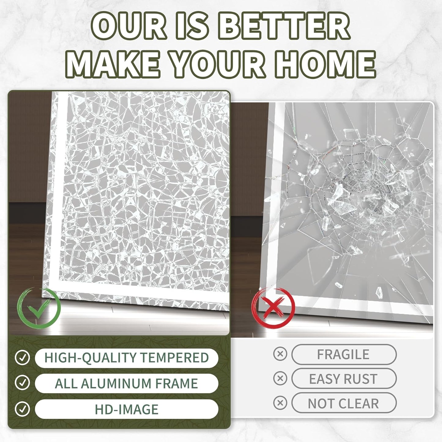 Hasipu Full Length LED Mirror with Lights, 83" x 36" Floor Standing or Hanging Mounted, Full Body Dressing Mirror, Dimmable Light, Tempered Glass, Square Black