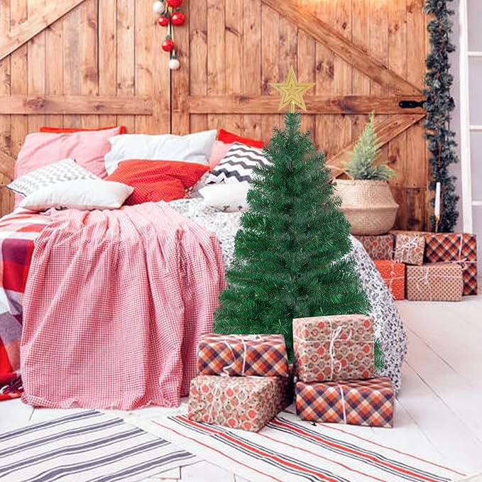 3FT Artificial Christmas Tree with Lights Green Mini Tabletop Christmas Tree with Plastic Stand and Tree Topper Lighted Battery Operated Mini Xmas Pine Tree for Indoor Outdoor Holiday Home Decoration