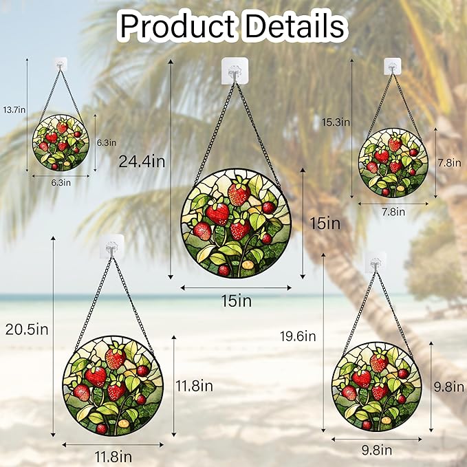 Stained Glass Window Hanging - Red Strawberry Suncatcher for Doors Window Home Green Plant Sun Catchers Decor Christmas Mother's Day Birthday Gifts for Teacher Women Men Mom Nana 15 in