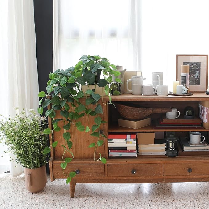 Fake Pothos Hanging Plants – 33" Set of 2 Faux Ivy Vines with Pots, Realistic Silk Devil’s Ivy for Indoor Décor, Low Maintenance Artificial Greenery for Home or Office (Green)