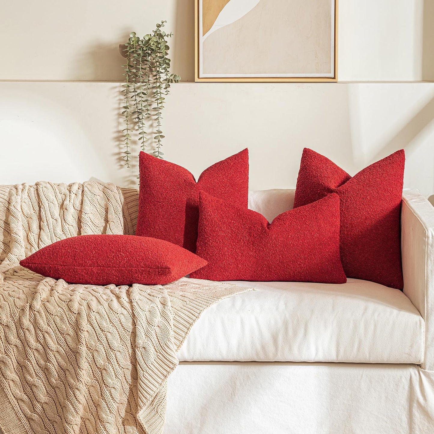 MIULEE 22x22 Inch Christmas Decorative Euro Sham Throw Pillows for Bed Set of 2 Textured Boucle Neutral Winter Throw Pillow Covers Red Accent Solid Euro Couch Pillowcases Sofa Livingroom Home Decor