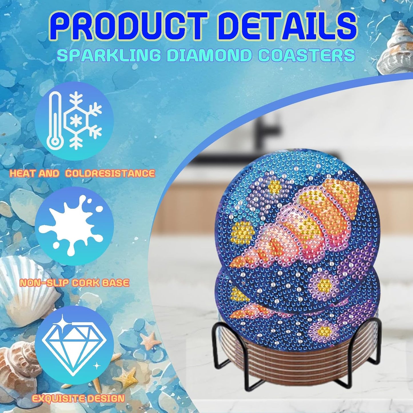 DOZEEZOP 8 PCS Diamond Art Coasters Kit, 5D Diamond Painting Coasters with Holder, Fall Small Diamond Art Kits for Adults Beginners, Diamond Dots Arts and Crafts Supplies Ocean