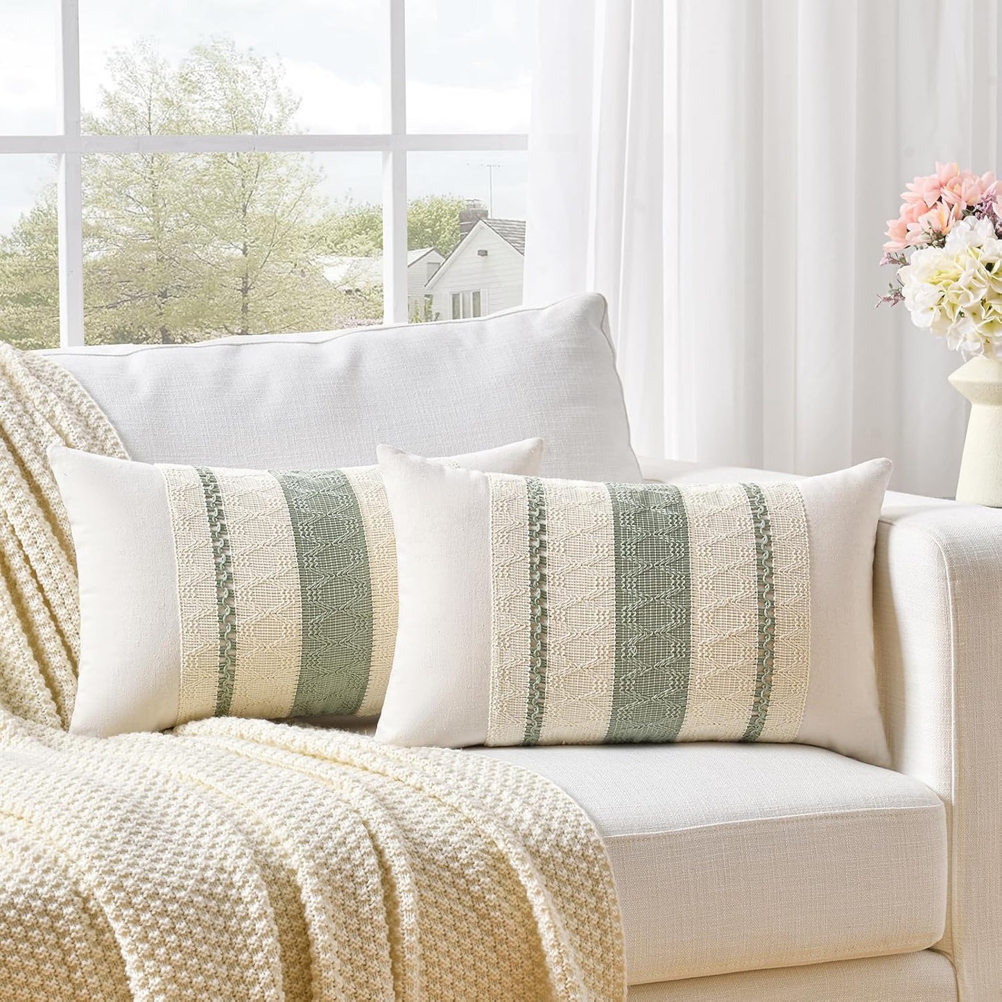 Fancy Homi Set of 2 Sage Green Boho Lumbar Decorative Throw Pillow Covers 12x24 Inch for Living Room Bedroom Couch Bed Chair, Rustic Retro Cushion Case, Bohemian Room Home Decor