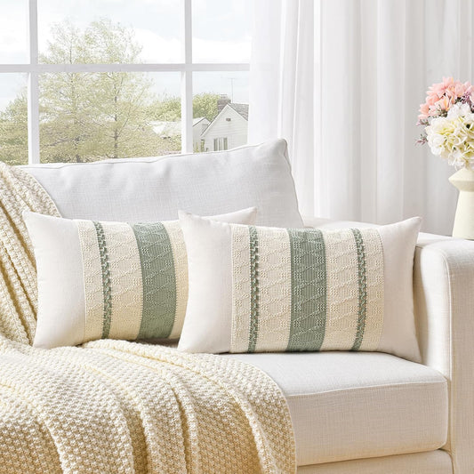 Fancy Homi Set of 2 Sage Green Boho Lumbar Decorative Throw Pillow Covers 14x24 Inch for Living Room Bedroom Couch Bed Sofa, Rustic Retro Cushion Case, Bohemian Room Home Decor