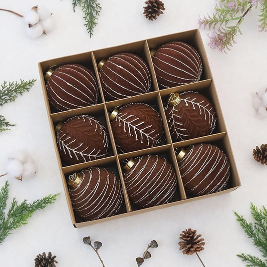 4inch Velvet Ornaments for Christmas Tree, 9PCS Glitter Flocked Christmas Ornaments Decorations Balls Set Decor Brown