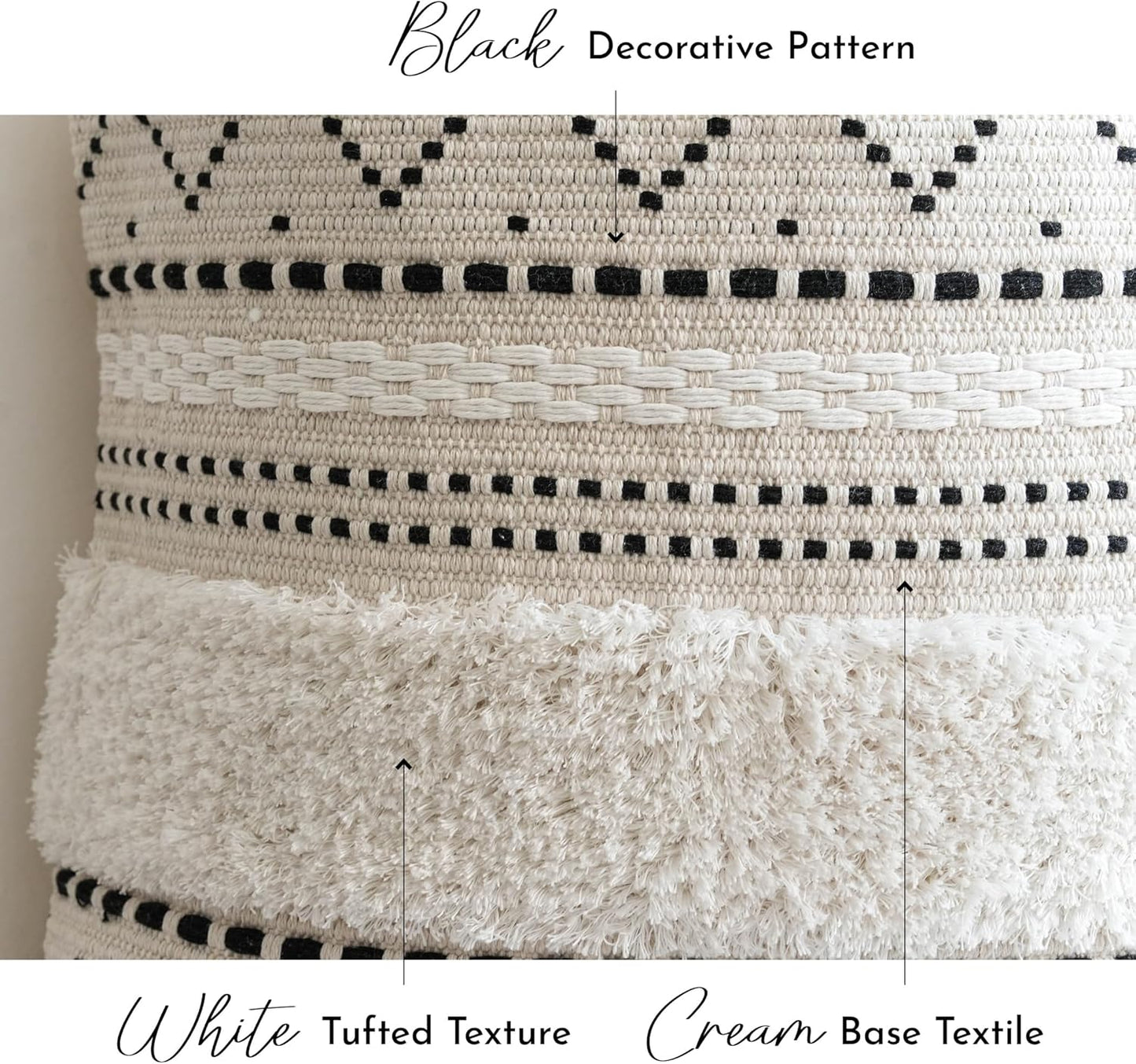 BlissBlush Decorative Lumbar Throw Pillow Cover 12x20 Rectangular Boho Accent Pillowcase Black Neutral White Farmhouse Cushion for Couch Sofa Bedroom Living Home Décor (Cover ONLY, Pack of 1)