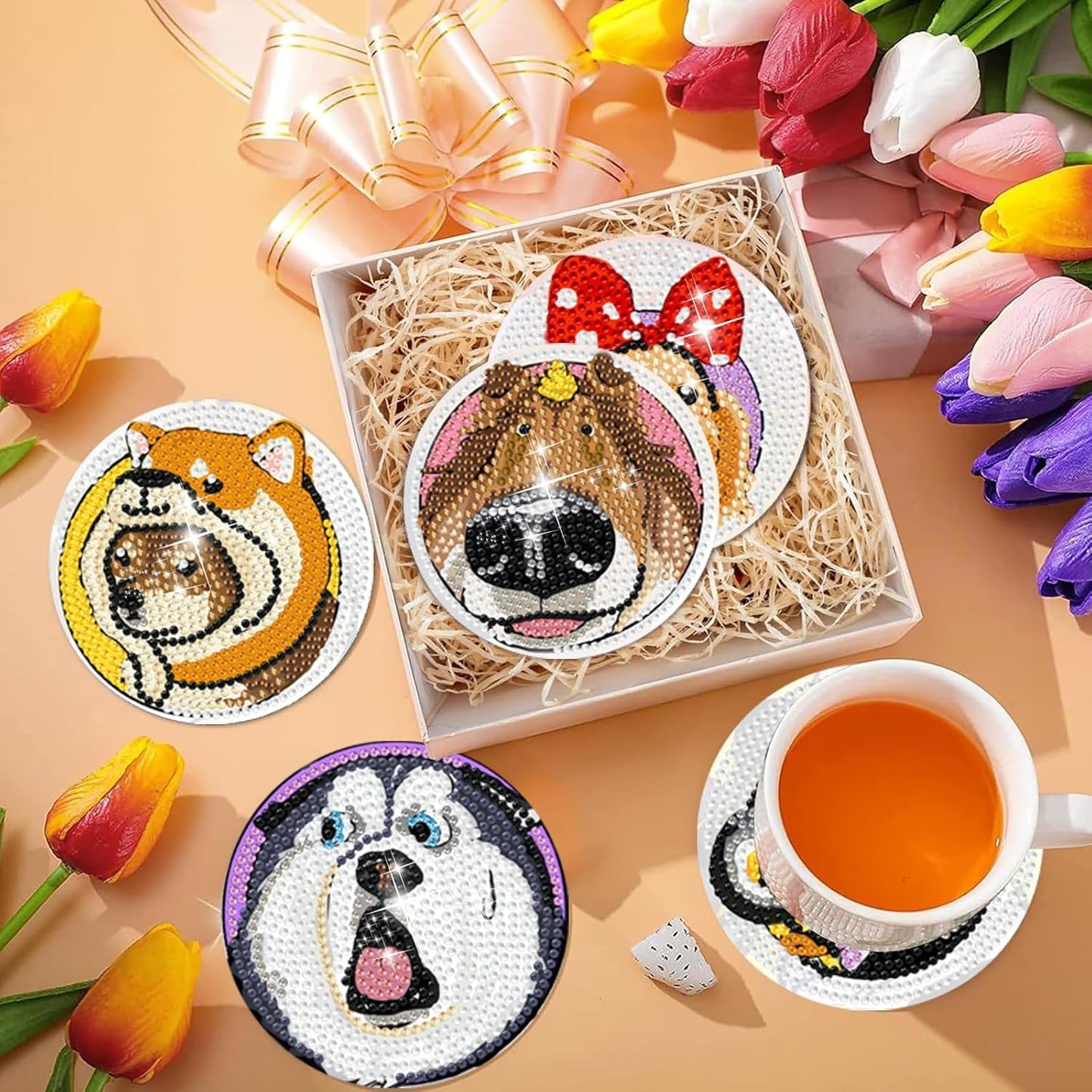 EWJRNSF 6 PCS Small Diamond Art Coasters Kits, Diamond Painting Coasters, Fall Diamond Art Kits for Adults Beginners, Arts and Crafts Item Sets with Holder for Drinks. Dog