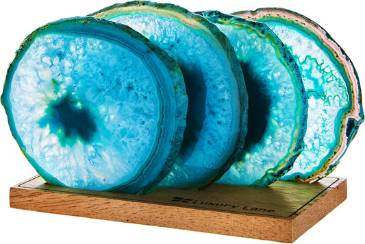 Luxury Lane Set of 4 Large Natural Brazilian Agate Slice Geode Rock Stone Drink Coasters with Wood Holder 4.3-4.7 inch Centerpiece Table Decoration, Teal