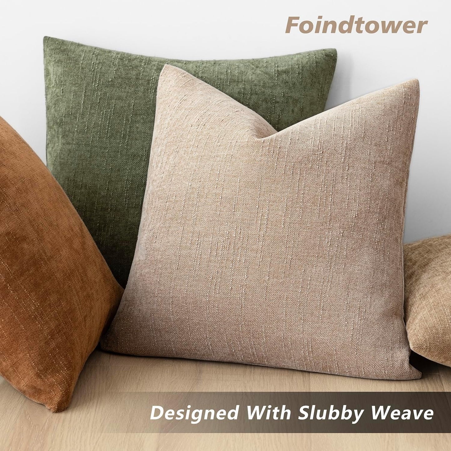 Foindtower Set of 2 Soft Textured Chenille Throw Decorative Pillow Covers Square Accent Solid Cushion Cover Cozy Neutral Farmhouse Pillow Case for Couch Sofa Bedroom Living Room 16x16 Inch,Cream Camel