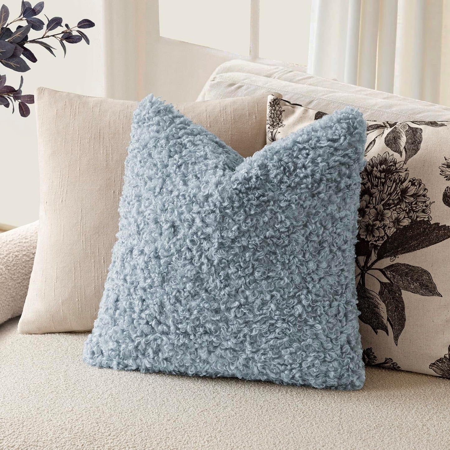 Foindtower 2 Pieces 24x24 Inch Misty Blue,Faux Fur Throw Pillow Cover Accent Sherpa Furry Pillow Covers Fuzzy Soft Pillowcases Cozy Sheepskin Decorative Fleece Cushion Case for Bed Couch Living Room