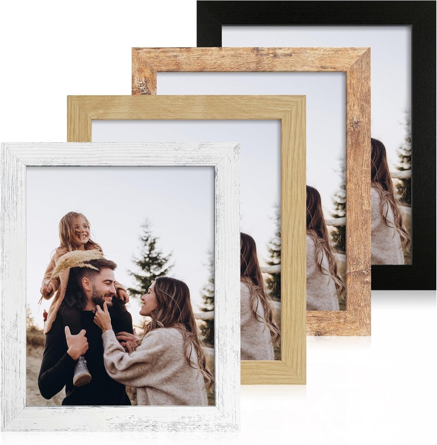 iRahmen 8x10 Picture Frame Set of 4, High Definition Real Glass 8 x 10 Photo Frames for Desktop Display and Wall Mounting(Distressed White+Oak+Rustic Brown+Black)