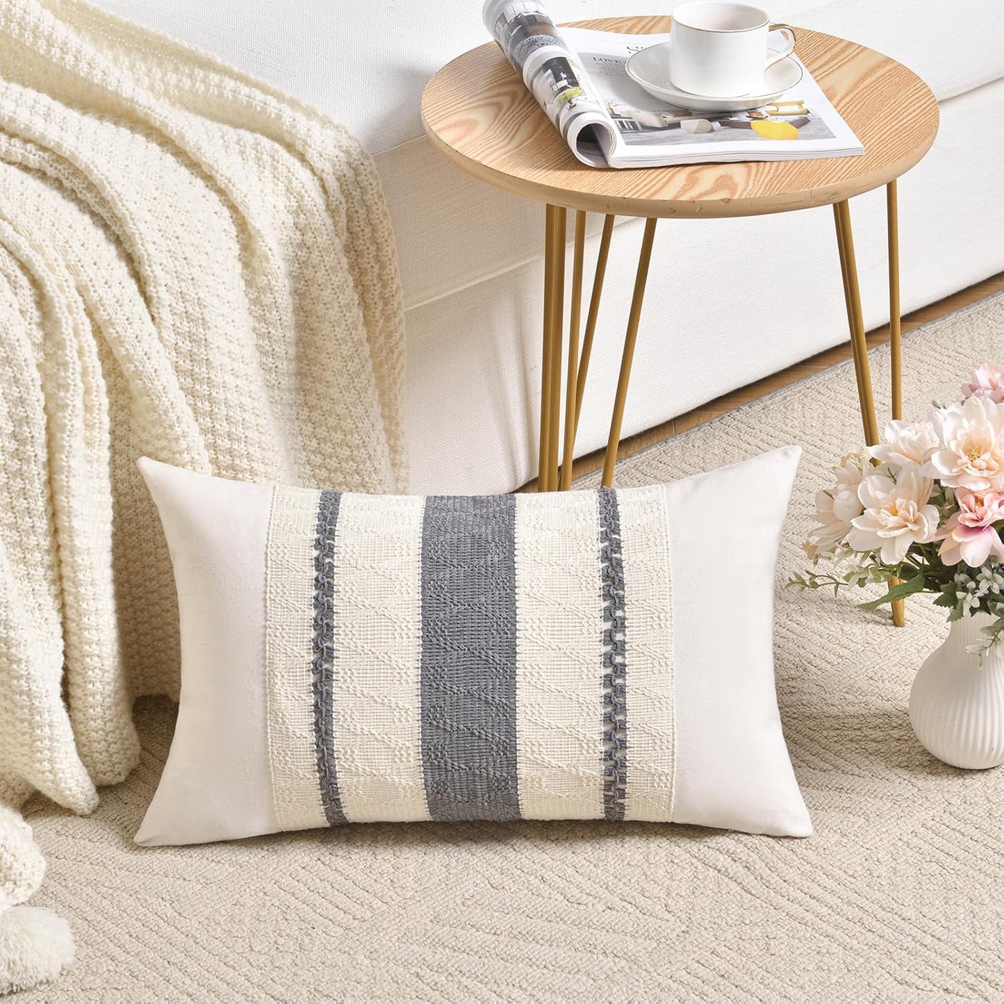 Fancy Homi Set of 2 Neutral Grey Farmhouse Lumbar Decorative Throw Pillow Covers 12x20 Inch for Couch Bed Chair, Vintage Country Rustic Retro Room Decor, Soft Thick Cotton Rectangle Cushion Case