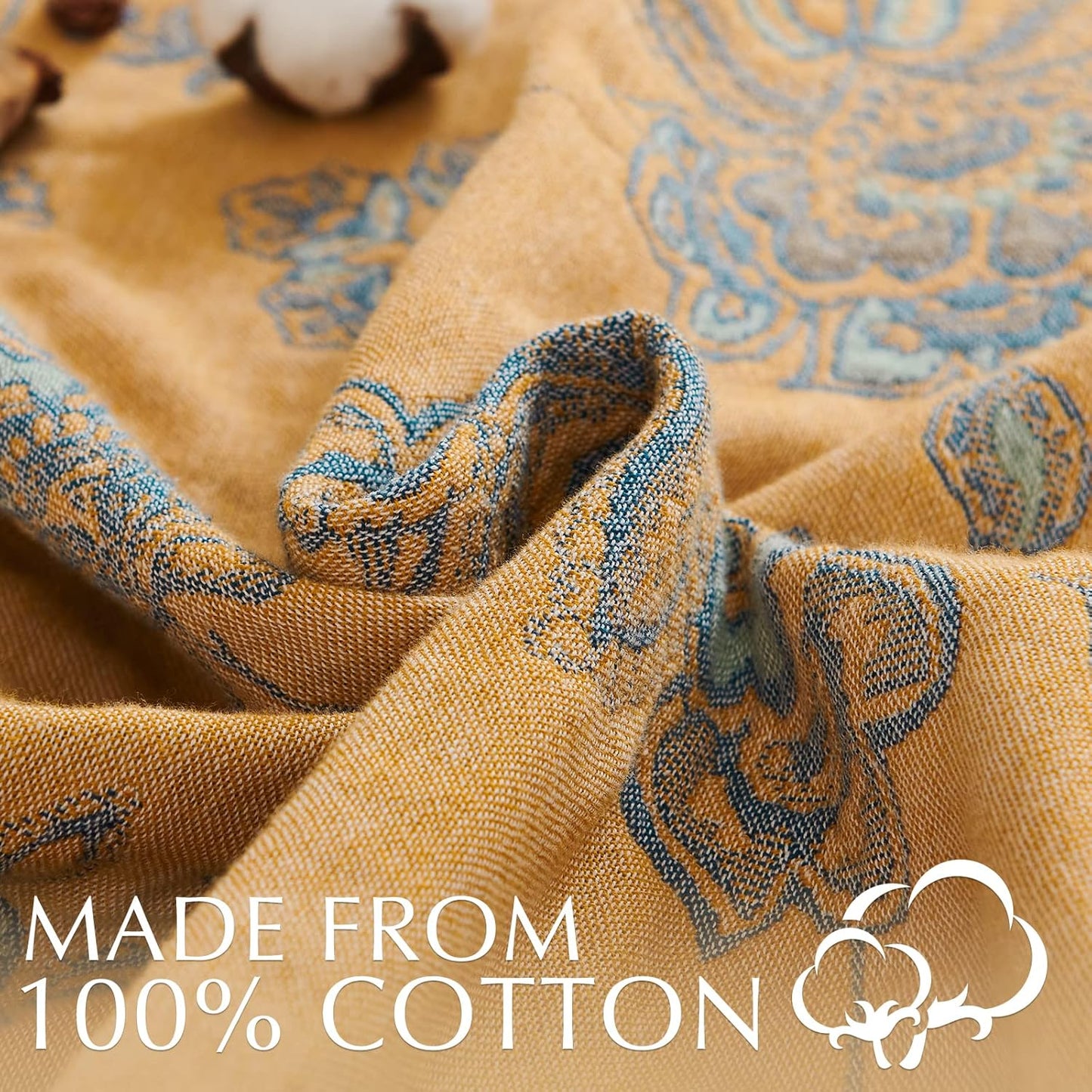 jinchan Boho 100% Cotton Muslin Queen Size 80x90 Inches Blanket Lightweight 4-Layer Quilted Soft Yellow and Blue Floral Throw Blanket Reversible Comfy Flower Rustic All Seasons Couch Bedroom Decor