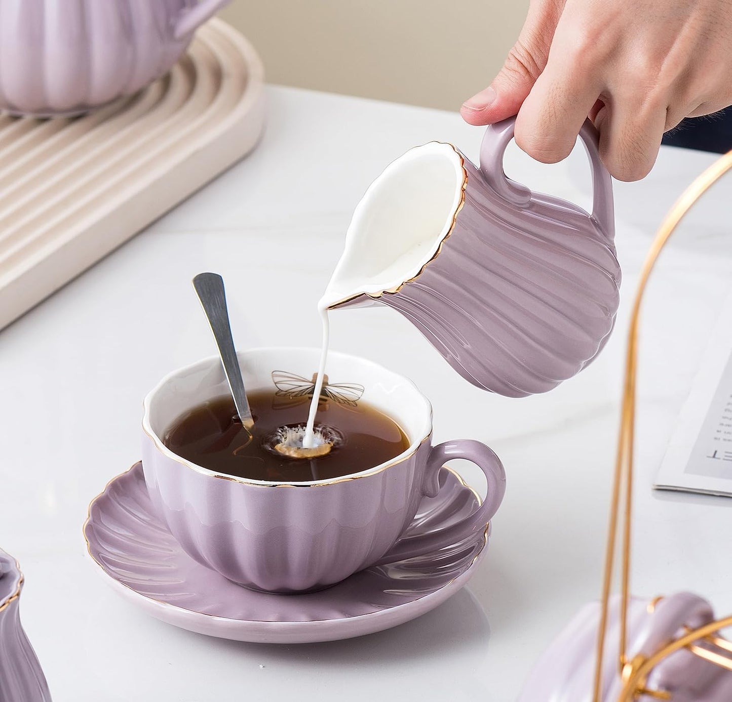 Clay Tonic- 8 OZ Fine China Purple Coffee Cup/Teacup Set, Cups & Saucer, with Teapot-Sugar Bowl-Cream Pitcher Teaspoons and tea strainer for Tea/Coffee,24-Pieces- Service for 6 (Purple)