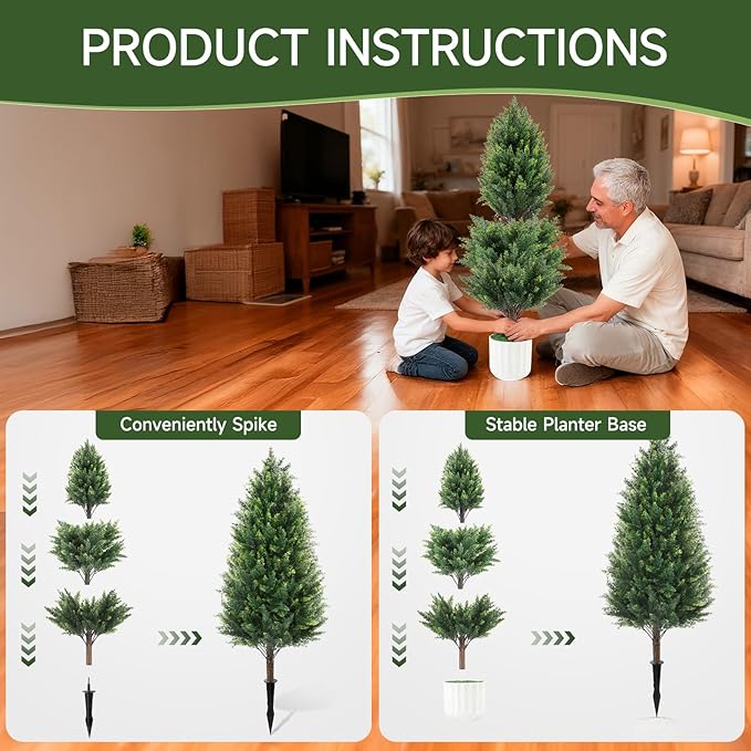3FT Artificial Cedar Topiary Trees Set of 2 Detachable Planter & Spike,UV Resistant Faux Plants Outdoor and Indoor,Realistic Fake Bushes Pine Tree for Front Porch Decor Patio Offices Living Room
