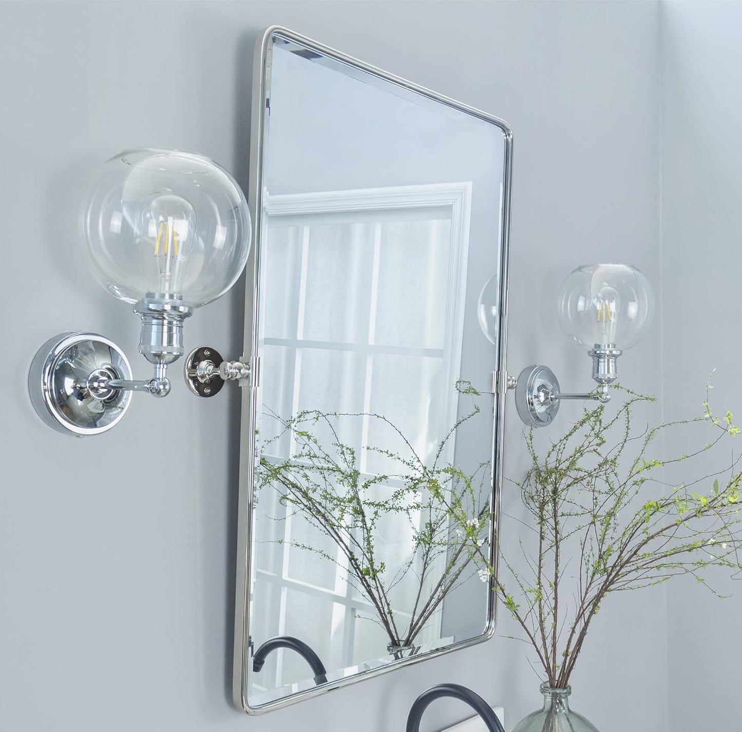 Farmhouse Pivot Rectangle Bathroom Mirror Chrome Metal Framed Tilting Beveled Vanity Mirrors for Wall, Overall 23.91 x 30 inches (Mirrror 20 x 30 inches)