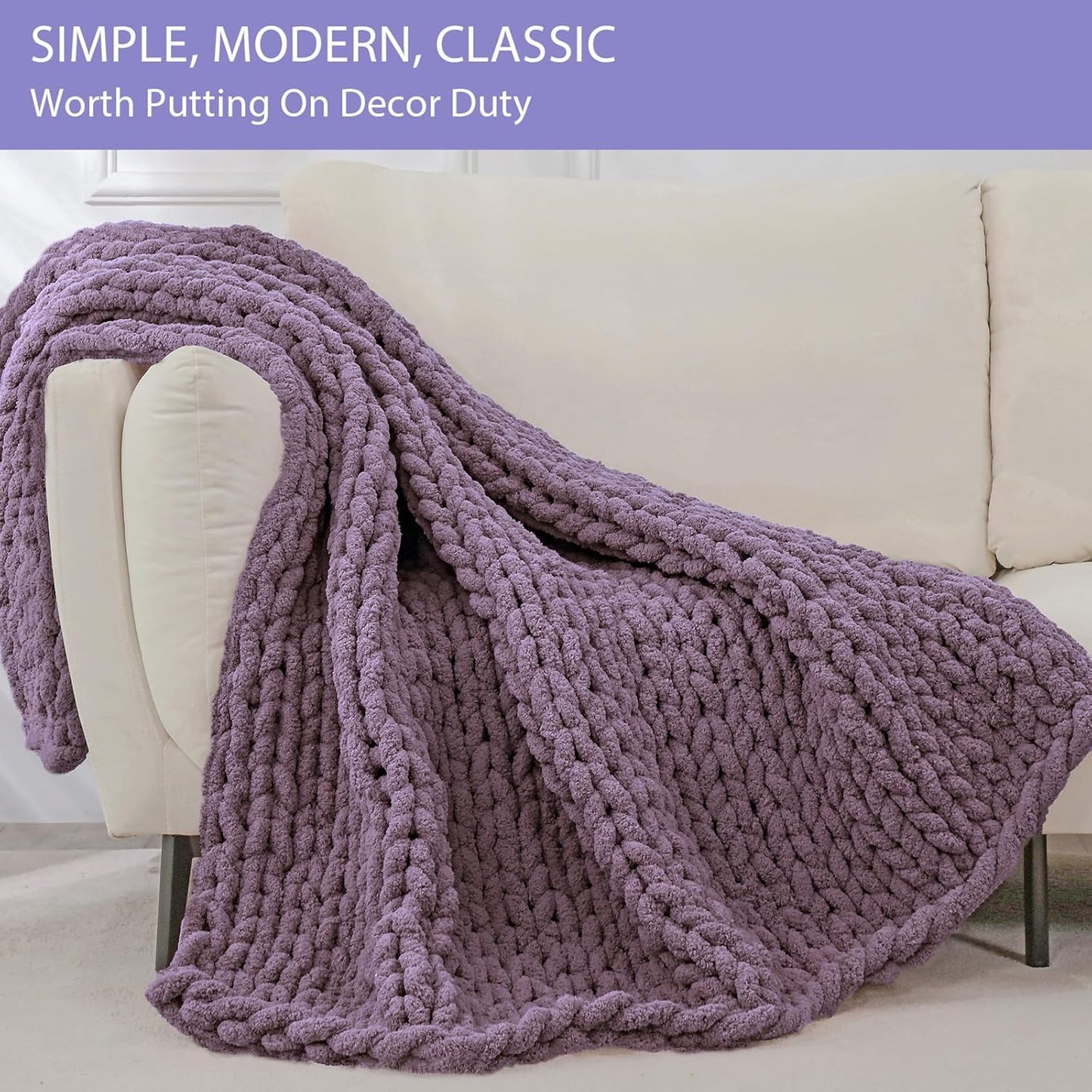 Bigacogo Chunky Knit Throw Blanket for Couch, 40x60 inches, 100% Hand Knitted with Thick Jumbo Chenille Yarn, Cozy Soft Large Rope Knot Cable Crochet Blankets for Sofa Bed Living Room, Winter Grape