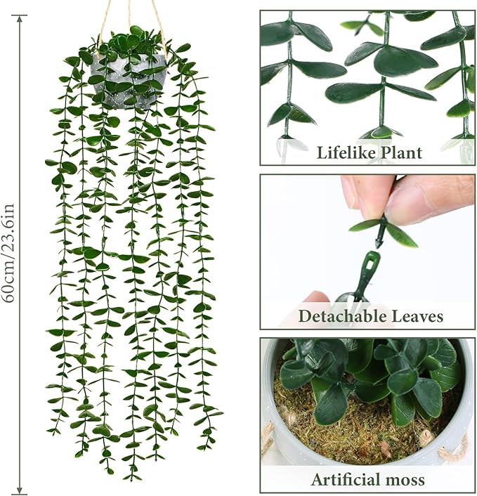 Dremisland Fake Hanging Plants with Pots 2Pack Faux Hanging Basket Plant Macrame Plant Hanger with Fake Vines Faux Hanging Planter for Wall Ceiling Home Bedroom Indoor Decor (Eucalyptus-2PCS)