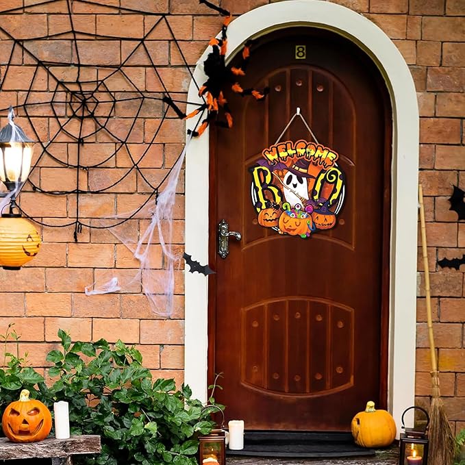 Welcome Halloween Door Sign,Ghost Door Wreath,Pumpkin Wall Sign,Pumpkin Ghost Wall Decoration,Funny Boo Welcome Halloween Plaque for Party Home Porch Yard Office Outdoor Nursery Living Room