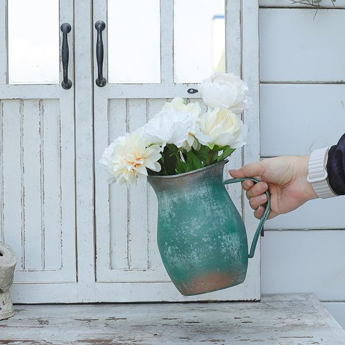 BIG FORTUNE Decorative Pitcher Vase Large Rustic Farmhouse Vase for Flowers Vintage Metal Milk Jug Vintage Decorative Pitcher Kitchen Decorations (Green)