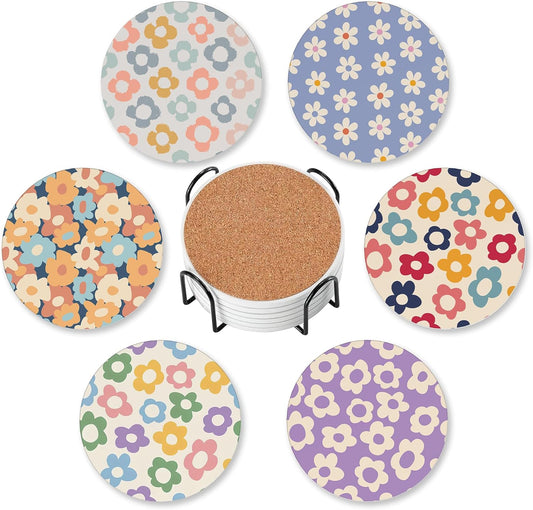 Drink Coasters for Drinks Set of 6, Vintage Groovy Flowers Absorbent Round Ceramic Stone Mat Coaster, with Cork Base and Metal Holder, Home Bar Decor House Warming Gift