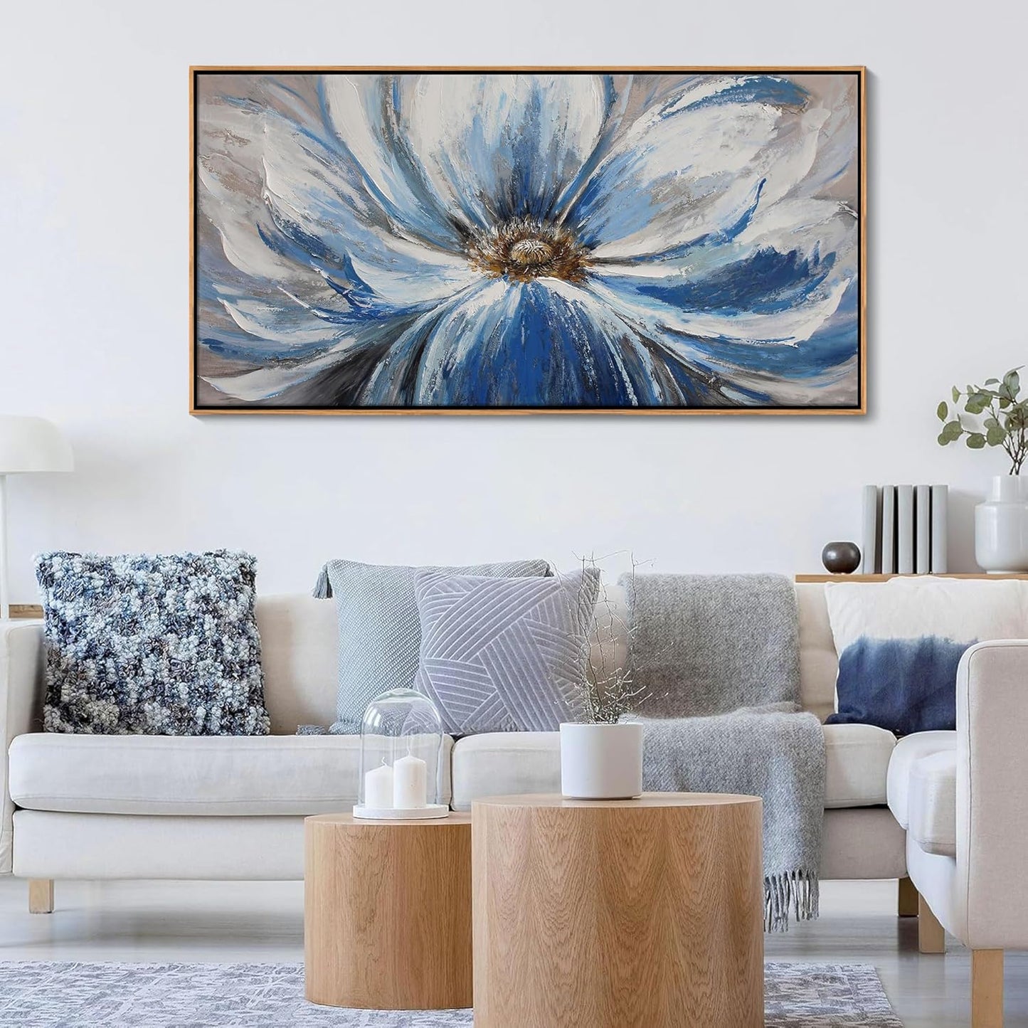 Blue Wall Art for Living Room Large White Flower Picture Wall Decor Canvas Art Wall Artwork Pictures for Bedroom Wall Decor Size 24x48(With Soild Wood Dark Framed)
