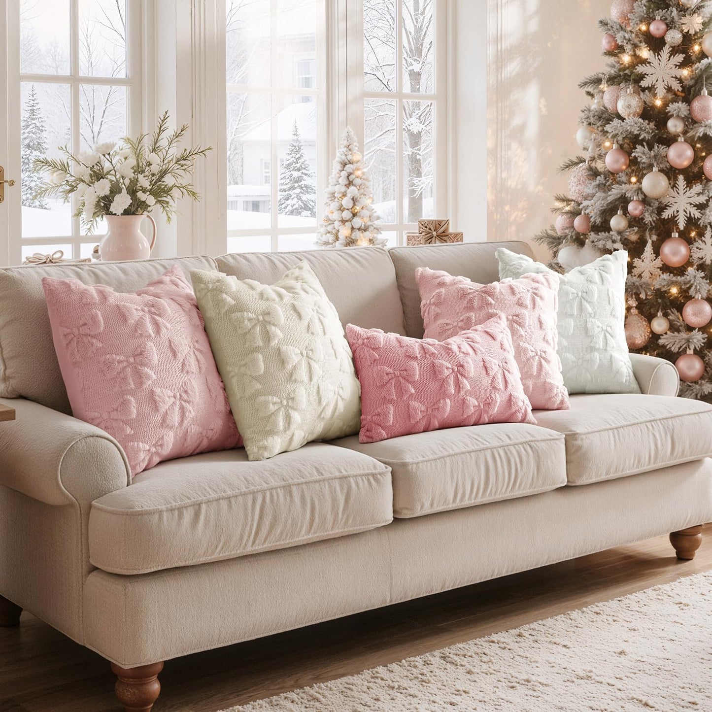 MIULEE Light Pink Bow Pillow Covers Coquette Room Decor Aesthetic Set of 2 Decorative Cute Girl Christmas Throw Pillow Soft Plush Faux Pillowcase for Girl Bed Couch Sofa,20x20 Inch