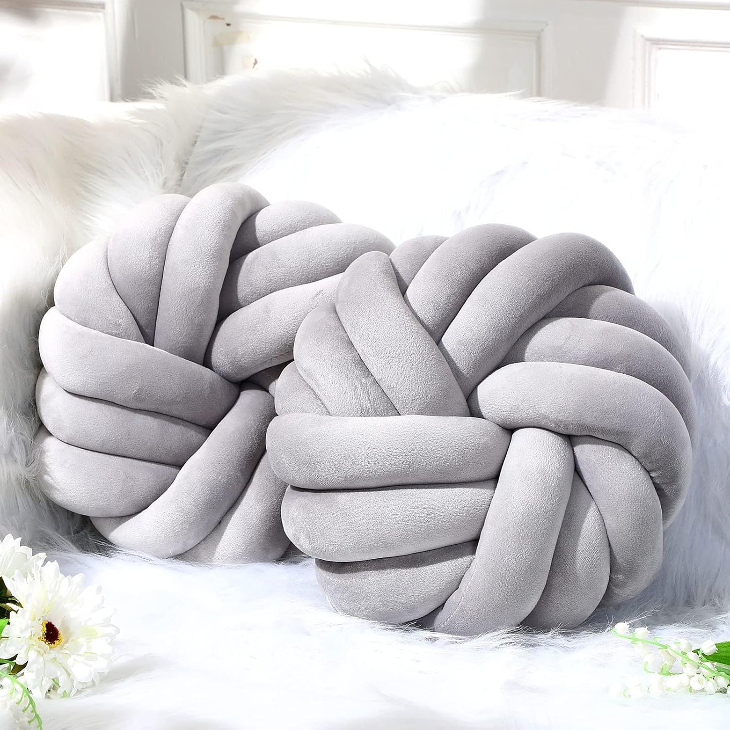 Fumete 2 Pcs 14 Inches Knot Pillow Round Throw Soft Plush Knot Ball Pillow Handmade Knotted Modern Home Decorative Cushion for Bed Bedroom, Sofa, Couch (Gray)