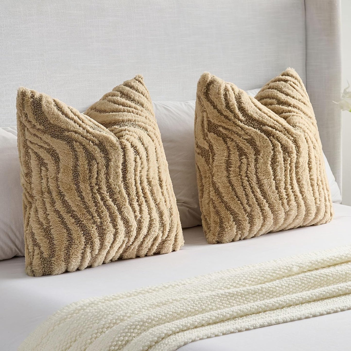 FUTEI Khaki Decorative Throw Pillow Covers 18x18 Inch Set of 2,Soft Faux Fur Geometric Shapes Texture Cushion Case,Boho Home Decor for Couch Bed Living Room