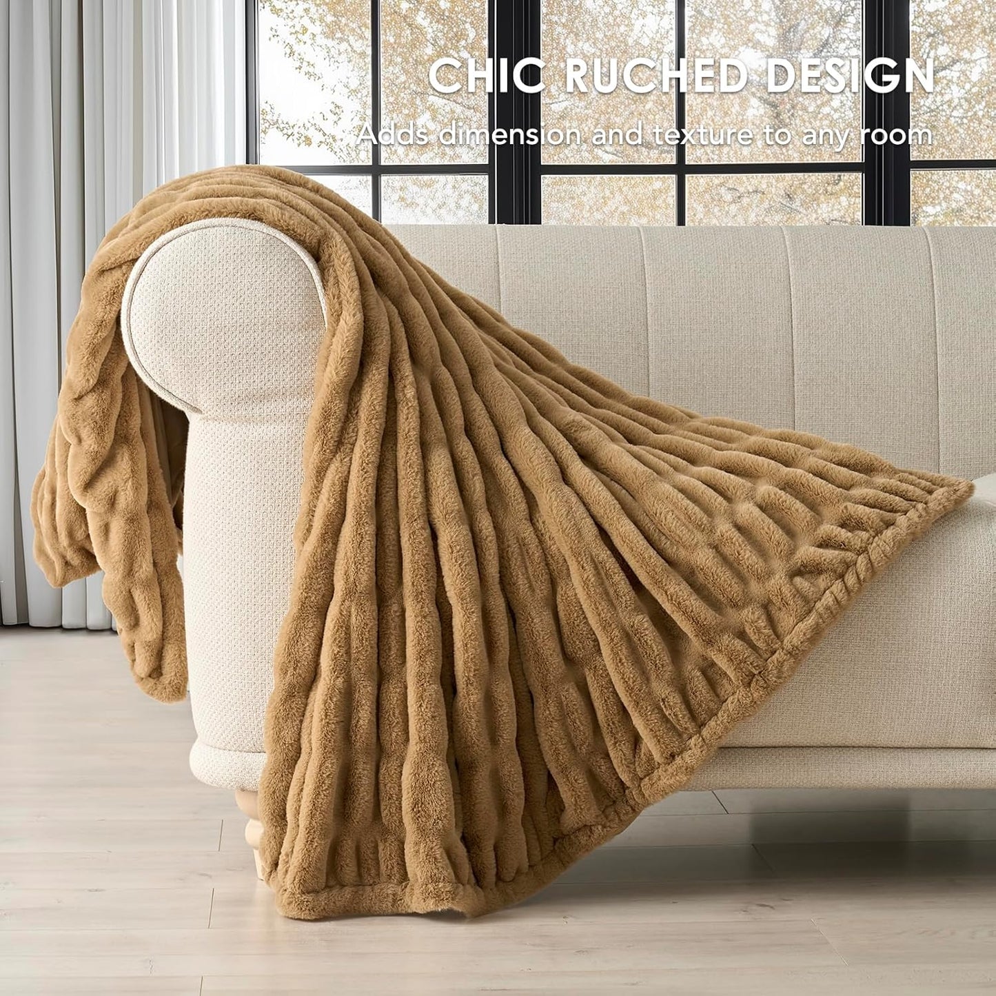 EVERGRACE Luxurious Soft Faux Rabbit Fur Throw Blanket, Cozy Fuzzy Plush Warm Throws for Couch Bed Sofa Chair Home Decor, Ruched Bubble Fluffy Blanket with Reversible Velvet, 50" x 60", Camel