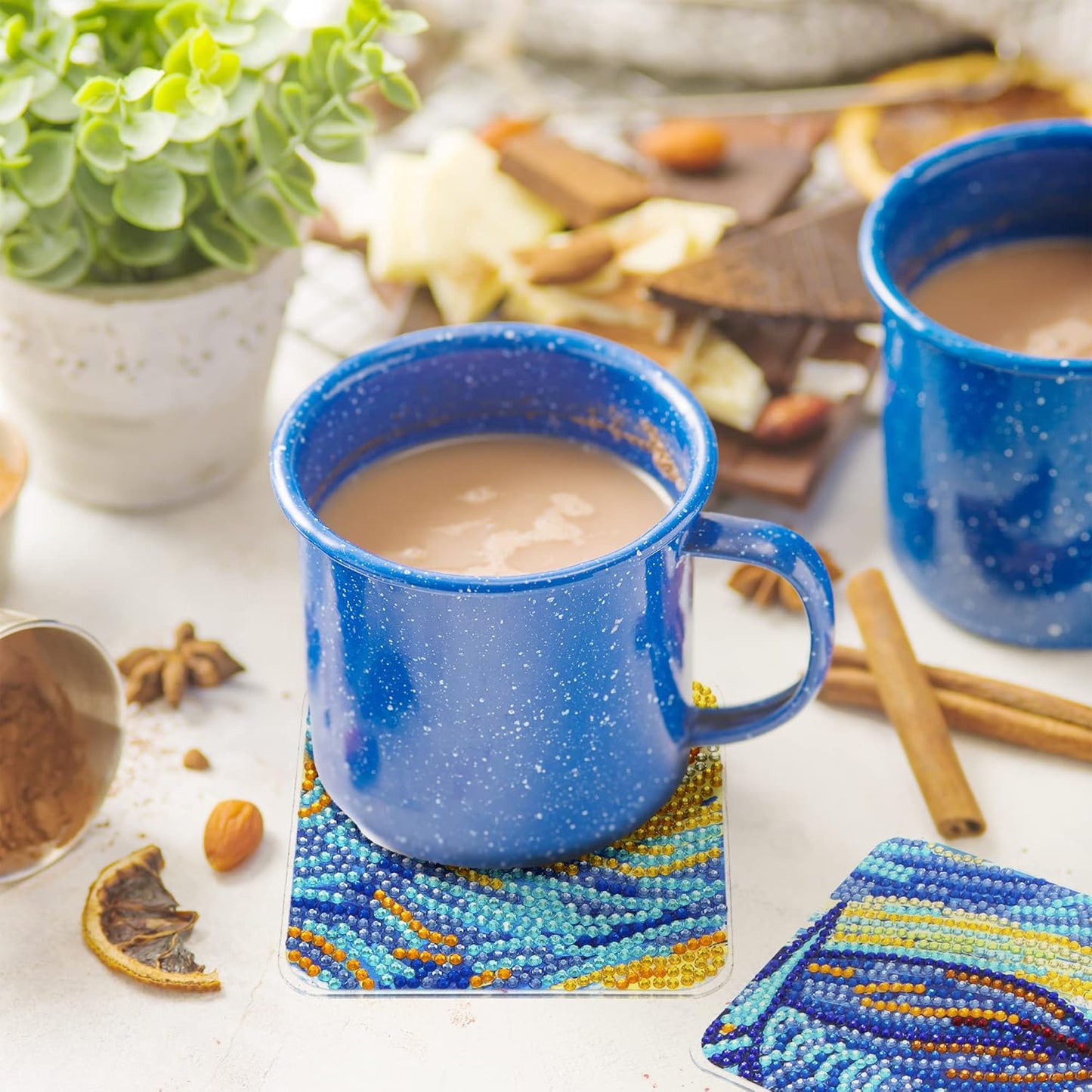 Diamond Art Coasters Kit with Holder, 8 Pcs Diamond Art Coasters for Adults Kids Beginners Crafts Gifts (Starry-Night)