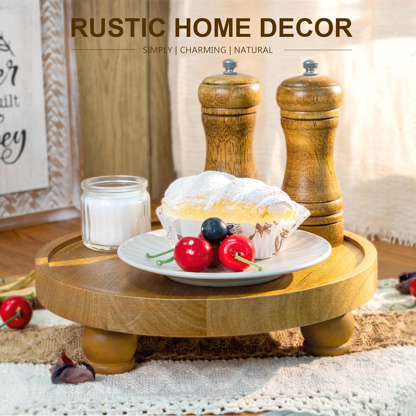 EOSAHR Farmhouse Round Wood Riser – Wooden Tray Pedestal Stand for Bathroom Decor & Kitchen Sink – Decorative Riser Display Stand for Cupcake, Candle and Sponge (Light Brown)