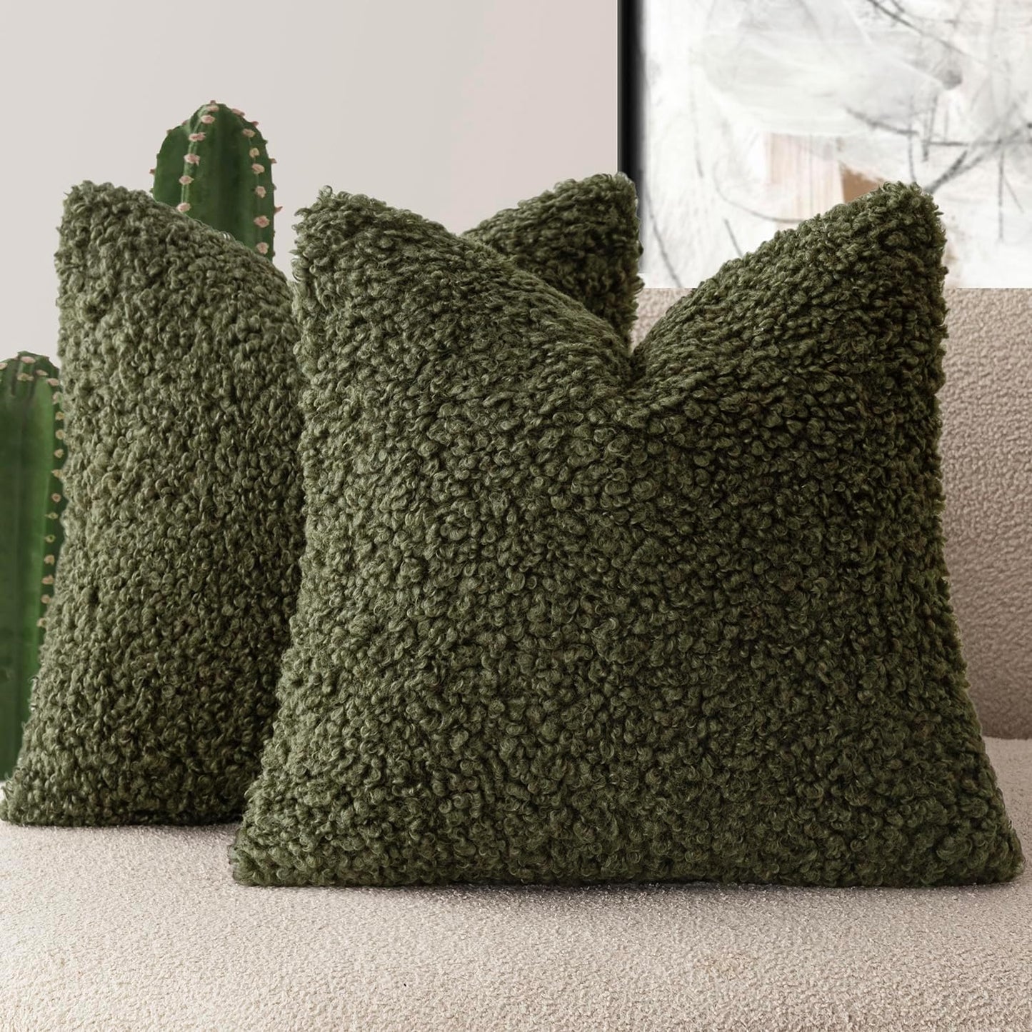 Foindtower 2 Pieces 24x24 Inch Olive Green, Faux Fur Throw Pillow Cover Accent Sherpa Furry Pillow Covers Fuzzy Soft Pillowcases Cozy Sheepskin Decorative Fleece Cushion Case for Bed Couch Living Room