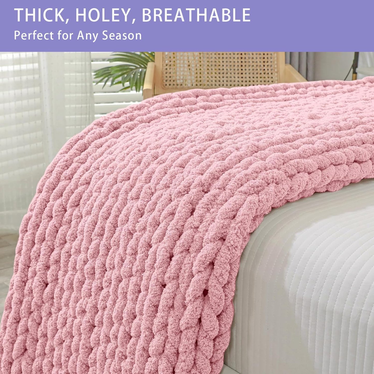 Bigacogo Chunky Knit Throw Blanket for Couch, 40x40 inches, 100% Hand Knitted with Thick Jumbo Chenille Yarn, Cozy Soft Large Rope Knot Cable Crochet Blankets for Sofa Bed Living Room, Blush Pink