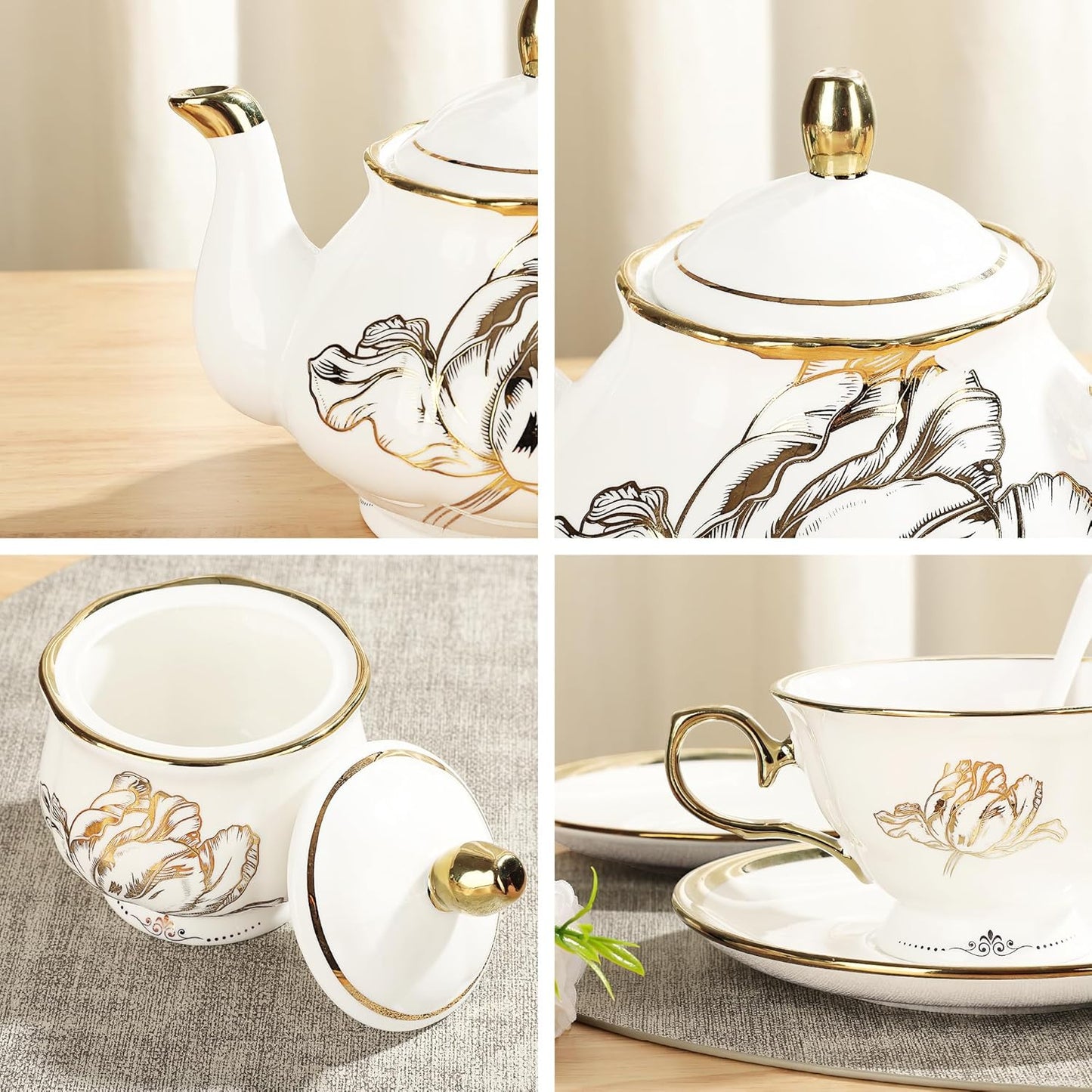 fanquare British Porcelain Tea Coffee Set 22 Piece New Bone China Gold Tulip Tea Service for Afternoon Tea, 6 TeaCup and Saucers with Metal Holder for Home Wedding Birthday