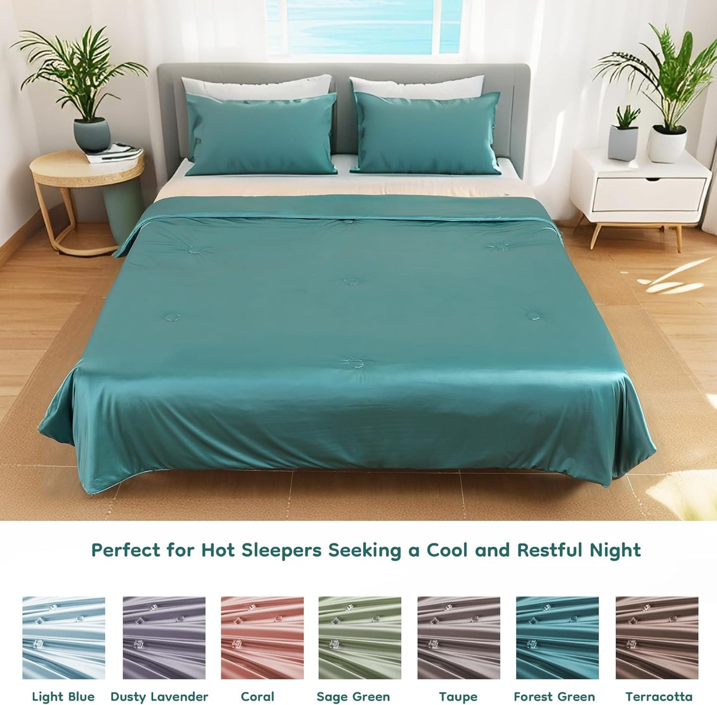 Cooling Comforter King Summer Blanket for Hot Sleepers, Silky-Soft & Cool Fiber, All-Season Comfort, Double-Sided Cold Blanket for Night Sweats, 90" x 108", Forest Green