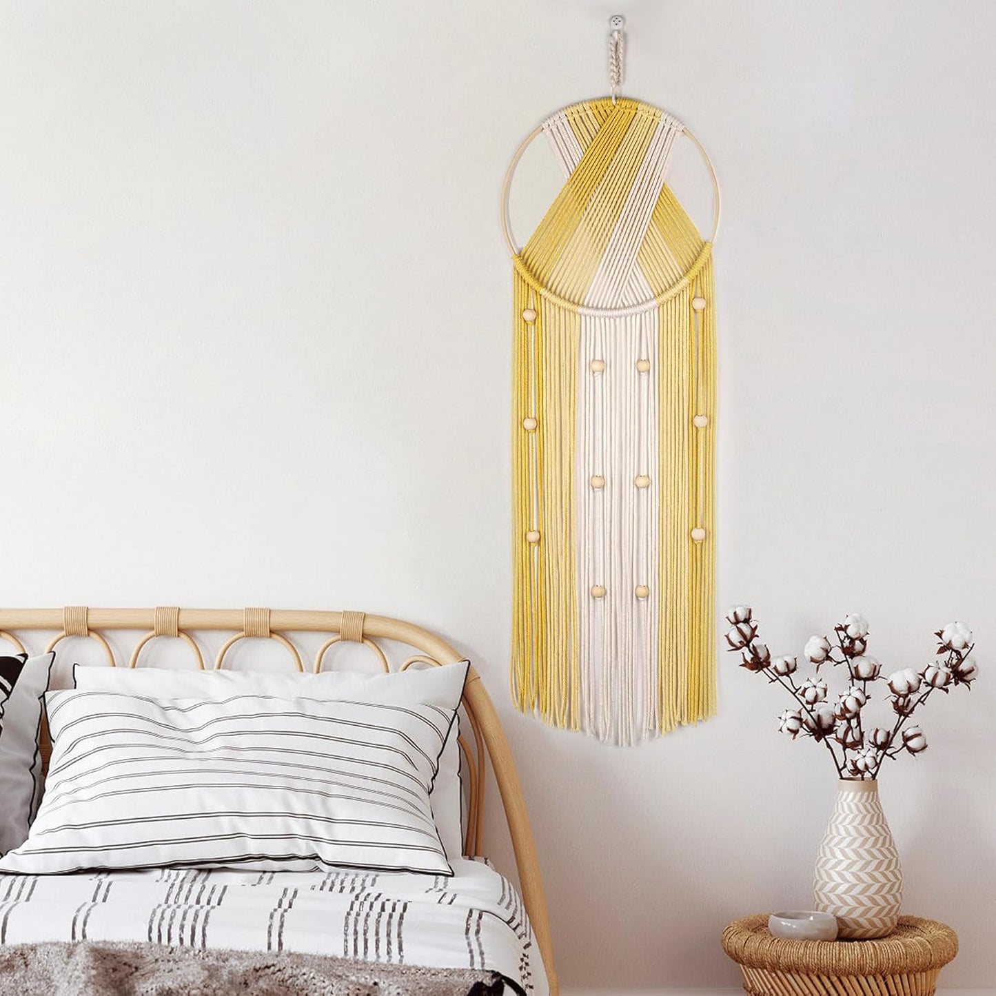 LB Boho Yellow Macrame Wall Hanging Handmade Woven Cotton Tapestry with Wood Board Modern Yellow and Beige Aesthetic Wall Decor for Home, Bedroom, Living Room