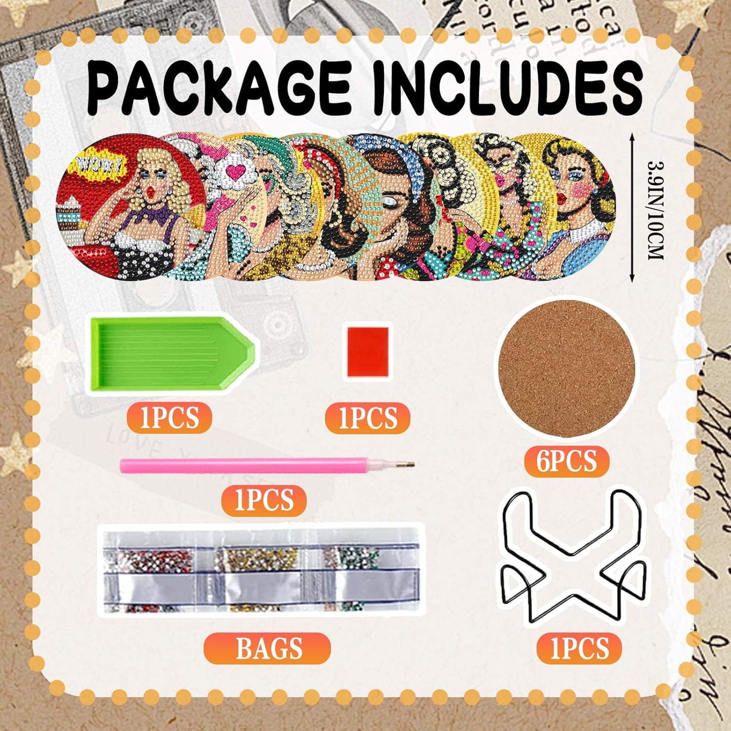 DOZEEZOP 8 PCS Diamond Art Coasters Kit, 5D Diamond Painting Coasters with Holder, Fall Small Diamond Art Kits for Adults Beginners, Diamond Dots Arts and Crafts Supplies Retro