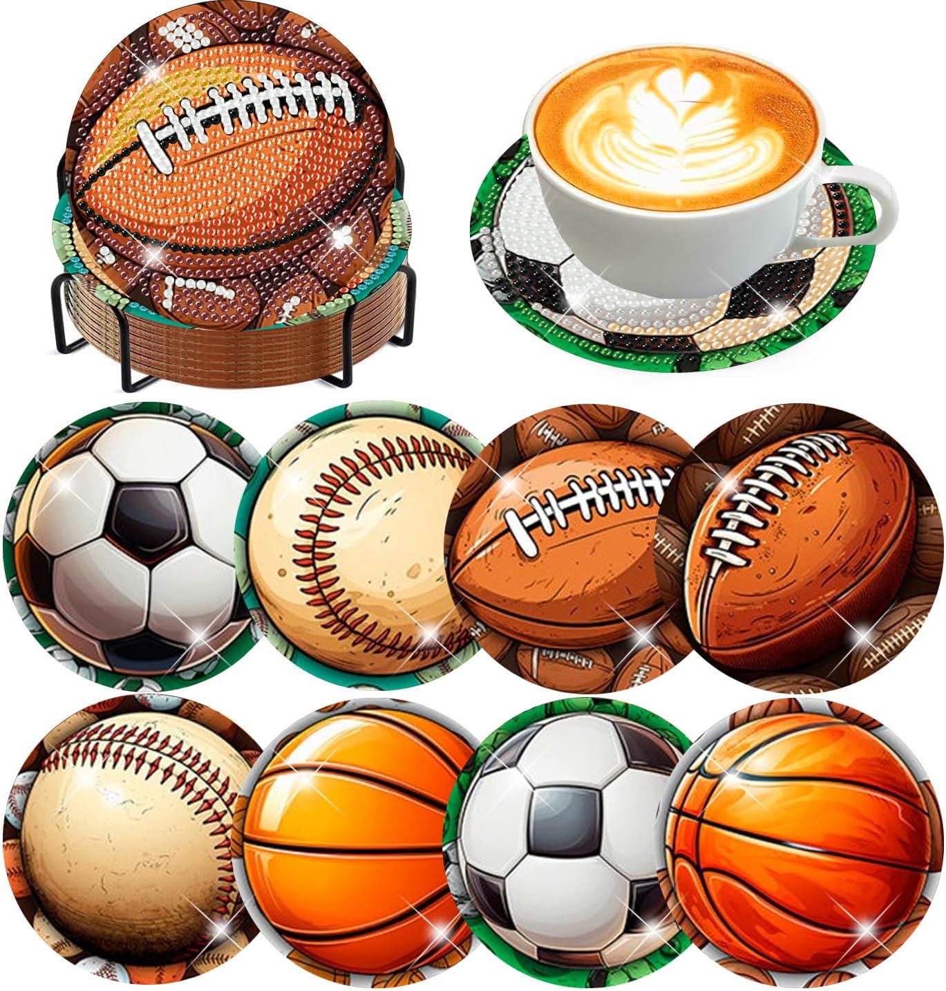 Meothan 8 Pcs Football Diamond Art Coasters Kits for Adults with Holder Cork Pads, Basketball Baseball Rugby Diamond Dots Art Painting Coasters Crafts Kit for Home Office Decor (4x4in)