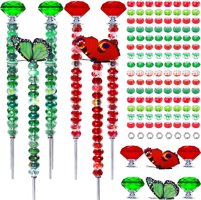 145 PCS Beaded Garden Stakes Kit, DIY Fairy Wand Garden Stake Beads Kits with Assortment Large Hole Beads 4 Crystal Stopper Top 2 Colored Butterfly Tops and Threaded Rods for Outdoor Indoor Decor
